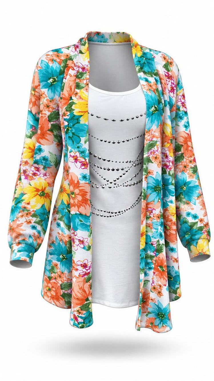 Cathy Daniels Top Womens Plus 1X Multicolor Floral Open Front Tunic